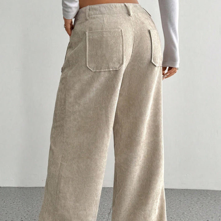Buddha Stones Damenhose aus schlichtem Cord-Polyester mit weitem Bein und Knöpfen und Taschen - image 3