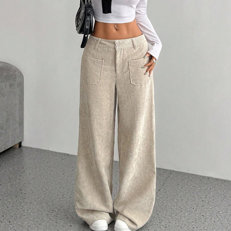 Buddha Stones Damenhose aus schlichtem Cord-Polyester mit weitem Bein und Knöpfen und Taschen - image 1
