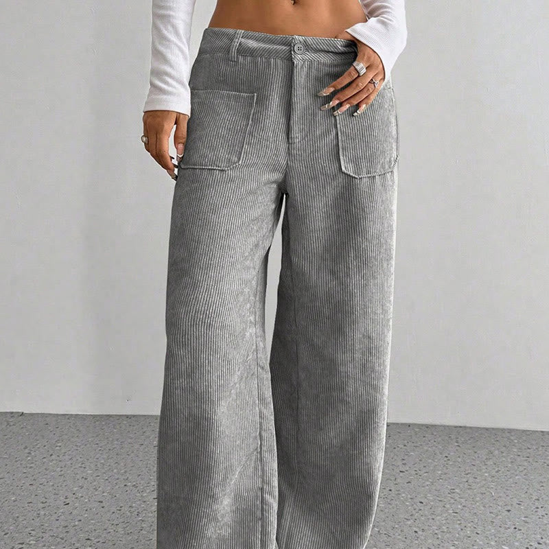 Buddha Stones Damenhose aus schlichtem Cord-Polyester mit weitem Bein und Knöpfen und Taschen - image 9