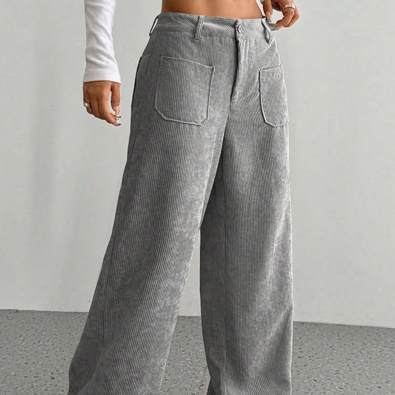 Buddha Stones Damenhose aus schlichtem Cord-Polyester mit weitem Bein und Knöpfen und Taschen - image 11