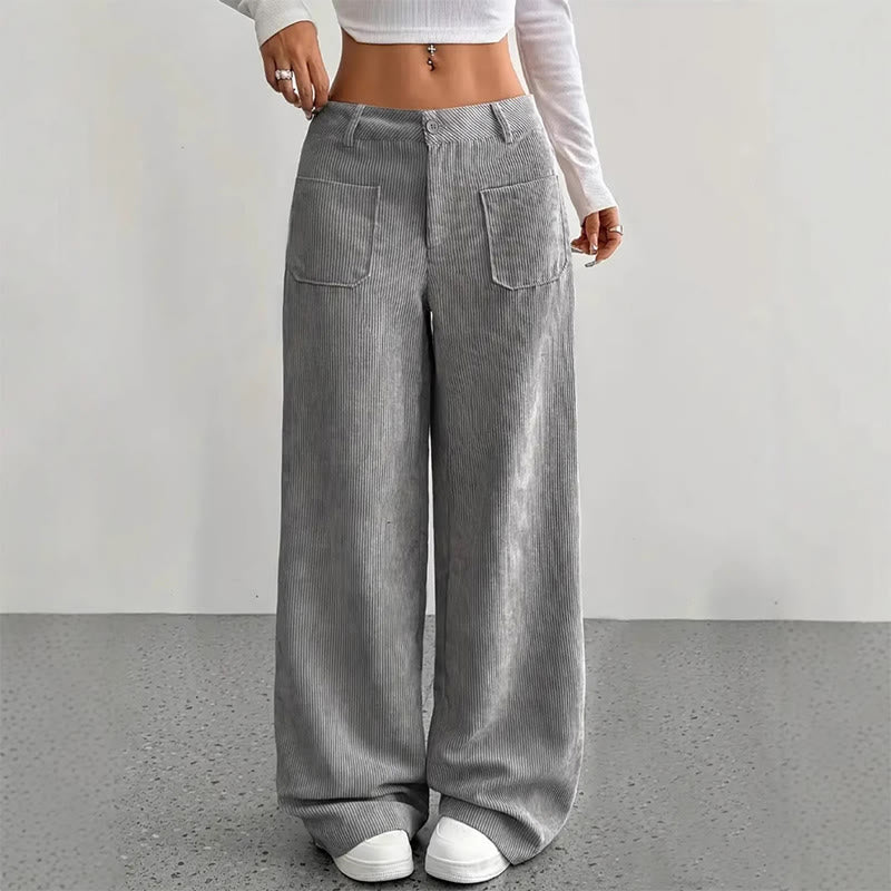 Buddha Stones Damenhose aus schlichtem Cord-Polyester mit weitem Bein und Knöpfen und Taschen - image 7