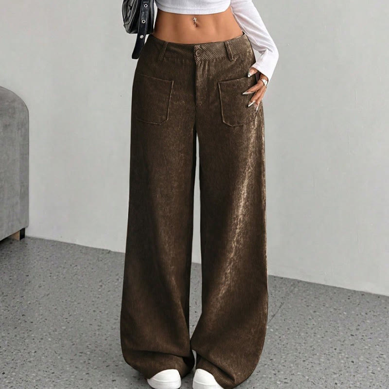 Buddha Stones Damenhose aus schlichtem Cord-Polyester mit weitem Bein und Knöpfen und Taschen - image 15