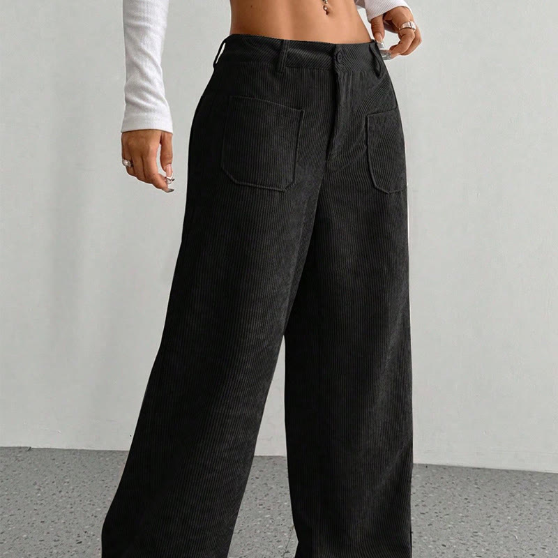 Buddha Stones Damenhose aus schlichtem Cord-Polyester mit weitem Bein und Knöpfen und Taschen - image 19