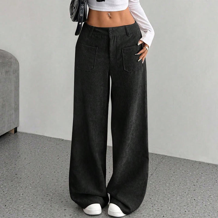 Buddha Stones Damenhose aus schlichtem Cord-Polyester mit weitem Bein und Knöpfen und Taschen - image 20