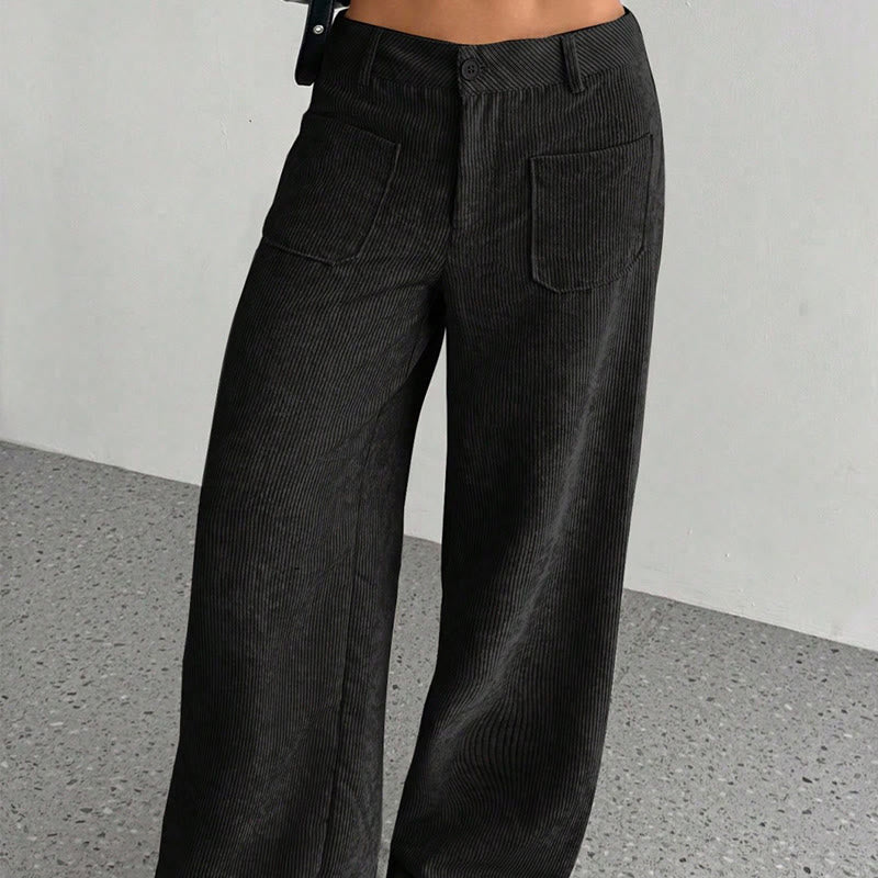 Buddha Stones Damenhose aus schlichtem Cord-Polyester mit weitem Bein und Knöpfen und Taschen - image 23