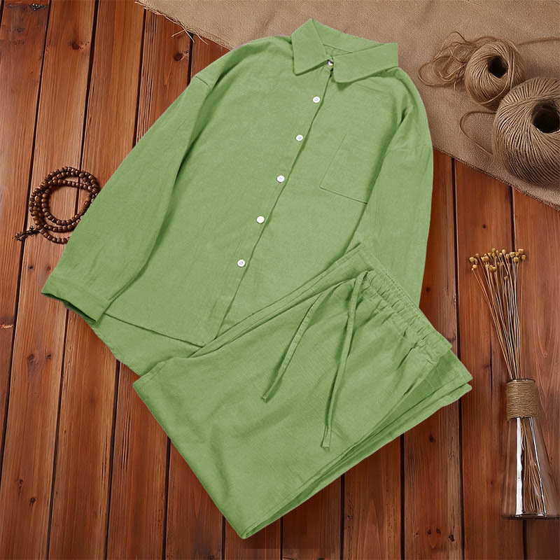 Buddha Stones 2-teiliges Langarm-Shirt-Oberteil mit Taschen und Kordelzughose, Meditationskleidung aus Baumwolle und Leinen für Damen - image 1