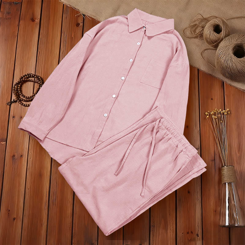 Buddha Stones ​​2-teiliges Set: Langarmshirt mit Taschen, Caprihose mit Kordelzug, Meditationskleidung aus Baumwolle für Damen - image 7