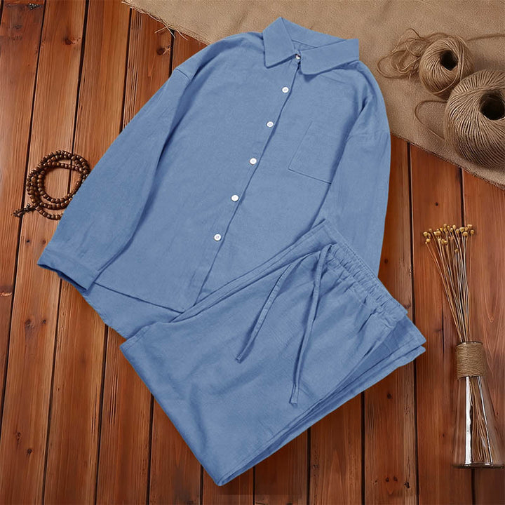 Buddha Stones ​​2-teiliges Set: Langarmshirt mit Taschen, Caprihose mit Kordelzug, Meditationskleidung aus Baumwolle für Damen - image 19