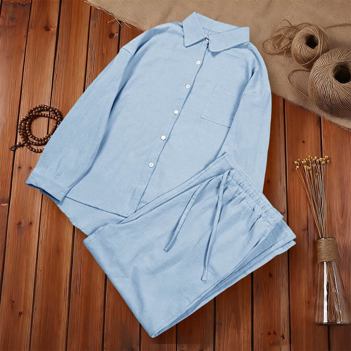 Buddha Stones 2-teiliges Langarm-Shirt-Oberteil mit Taschen und Kordelzughose, Meditationskleidung aus Baumwolle und Leinen für Damen - image 25