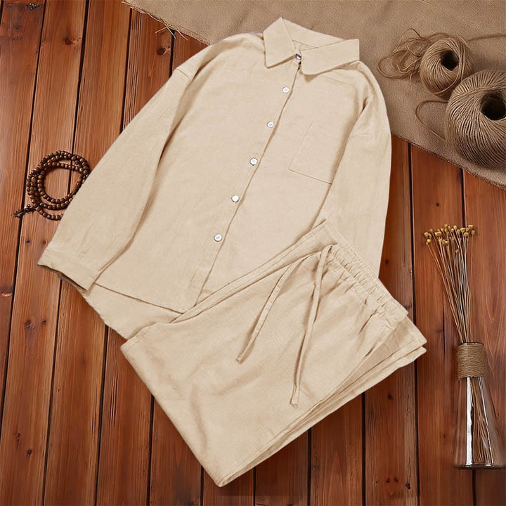 Buddha Stones ​​2-teiliges Set: Langarmshirt mit Taschen, Caprihose mit Kordelzug, Meditationskleidung aus Baumwolle für Damen - image 13
