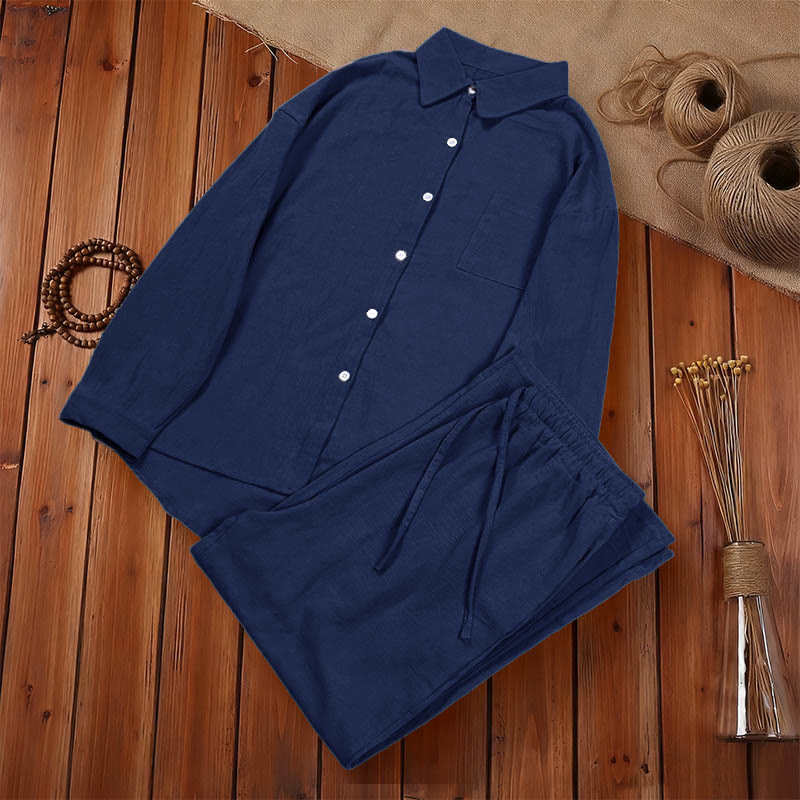Buddha Stones 2-teiliges Langarm-Shirt-Oberteil mit Taschen und Kordelzughose, Meditationskleidung aus Baumwolle und Leinen für Damen - image 31
