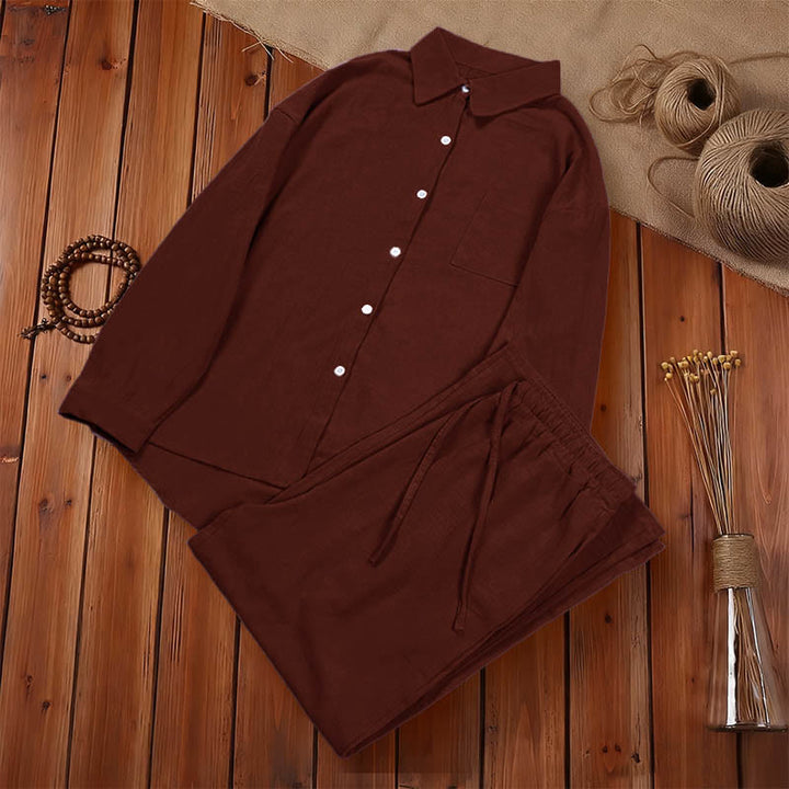 Buddha Stones ​​2-teiliges Set: Langarmshirt mit Taschen, Caprihose mit Kordelzug, Meditationskleidung aus Baumwolle für Damen - image 37