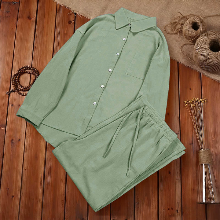 Buddha Stones ​​2-teiliges Set: Langarmshirt mit Taschen, Caprihose mit Kordelzug, Meditationskleidung aus Baumwolle für Damen - image 43