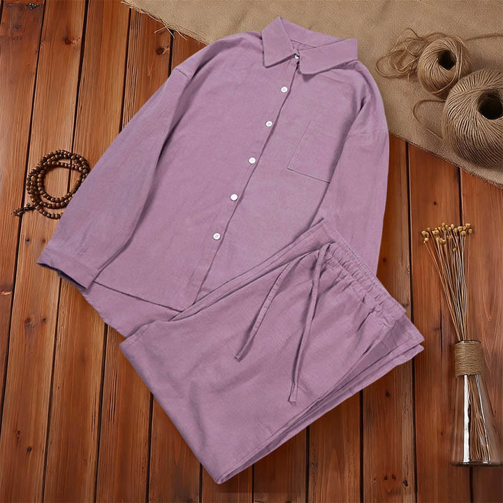 Buddha Stones ​​2-teiliges Set: Langarmshirt mit Taschen, Caprihose mit Kordelzug, Meditationskleidung aus Baumwolle für Damen - image 55
