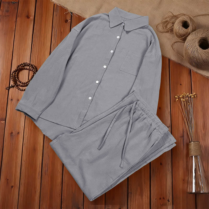 Buddha Stones ​​2-teiliges Set: Langarmshirt mit Taschen, Caprihose mit Kordelzug, Meditationskleidung aus Baumwolle für Damen - image 49