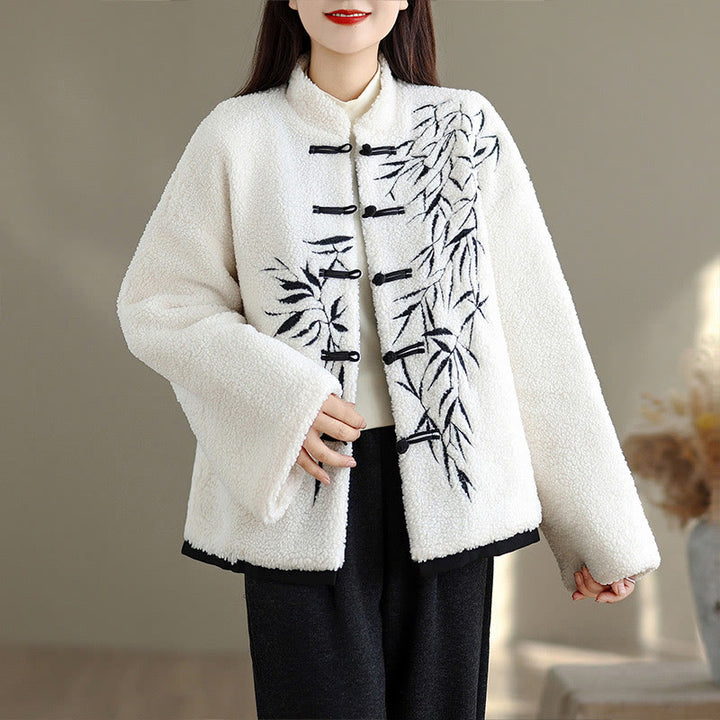 Buddha Stones Damen-Jacke aus dicker Baumwolle mit Stickerei und langen Ärmeln und Taschen - Weiß - US16， UK/AU20，EU48 (3XL) - image 0