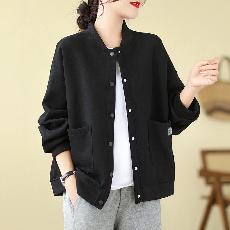 Buddha Stones Plain Damen-Baumwolljacke mit Knöpfen, Rundhalsausschnitt, langen Ärmeln und Taschen - Schwarz - US12， UK/AU16，EU44 (XL) - image 0