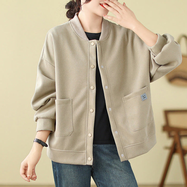 Buddha Stones Plain Damen-Baumwolljacke mit Knöpfen, Rundhalsausschnitt, langen Ärmeln und Taschen - Beige - US12, UK/AU16, EU44 (XL) - image 7