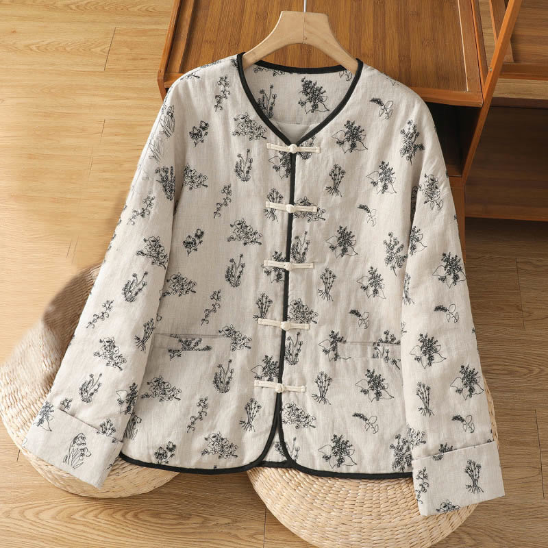 Buddha Stones Damen-Jacke mit Stickerei und Froschknopf, langärmelig, gefüttert, aus Baumwolle, mit Taschen - Weiß - US14， UK/AU18，EU46 (2XL) - image 0