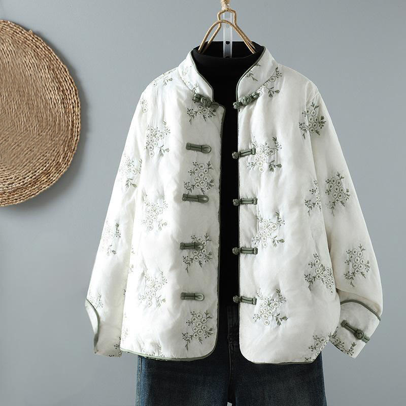 Buddha Stones Damen-Jacke mit Stickerei und Froschknopf, langärmelig, dicke Baumwolle, mit Taschen - Weiß - US14， UK/AU18，EU46 (2XL) - image 1