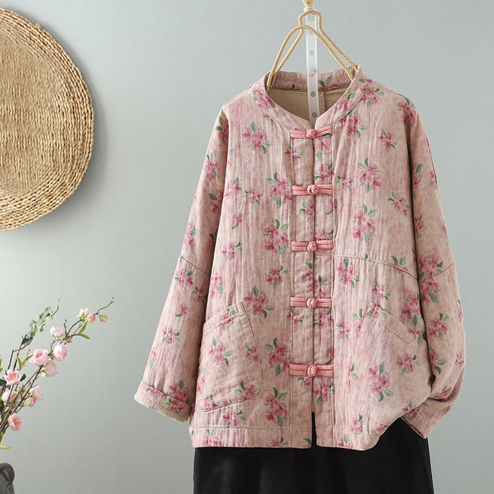 Buddha Stones Damen-Jacke mit Blumen-Print und Froschknopf, langärmelig, Polyester, mit Taschen - Rosa - US14， UK/AU18，EU46 (2XL) - image 6