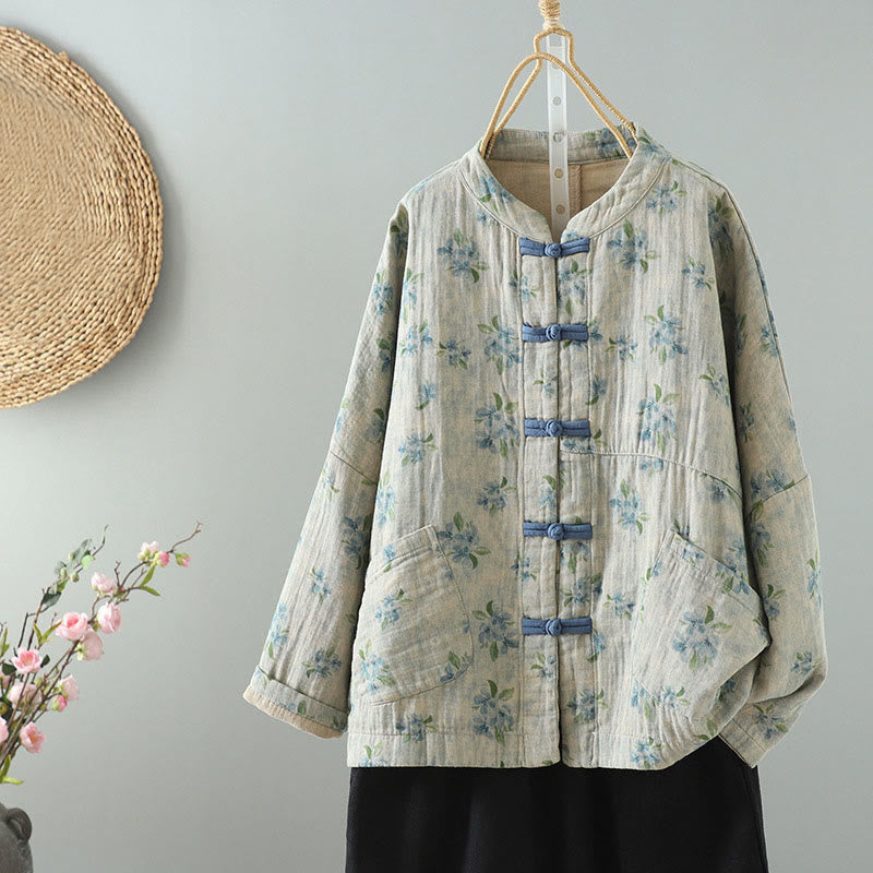 Buddha Stones Damen-Jacke mit Blumen-Print und Froschknopf, langärmelig, Polyester, mit Taschen - HellCyan - US14， UK/AU18，EU46 (2XL) - image 16