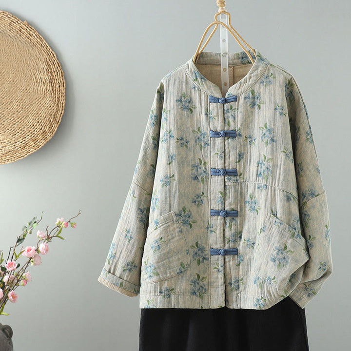 Buddha Stones Damen-Jacke mit Blumen-Print und Froschknopf, langärmelig, Polyester, mit Taschen - HellCyan - US14， UK/AU18，EU46 (2XL) - image 16