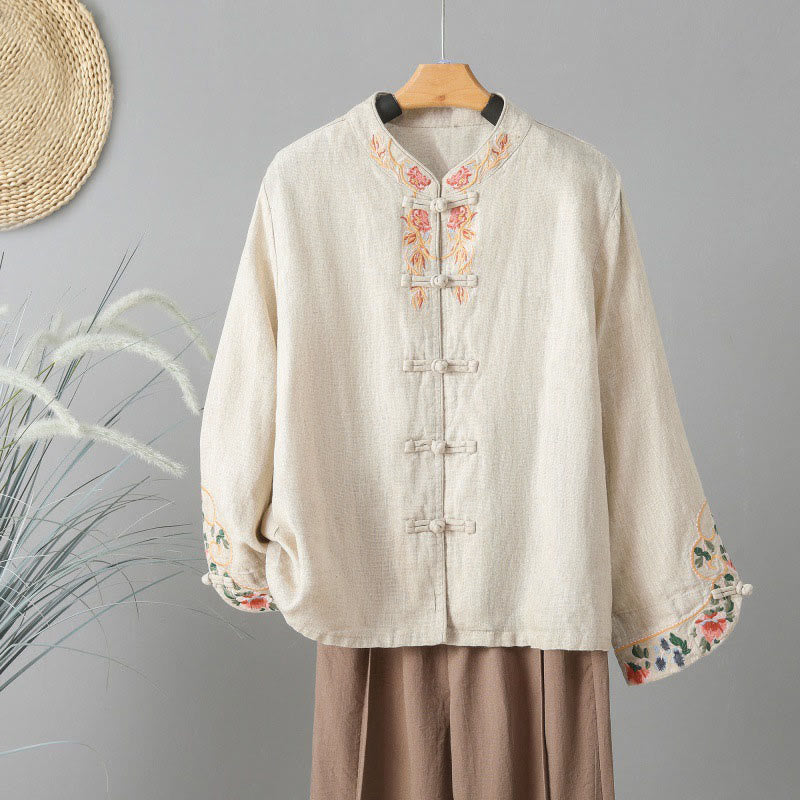Buddha Stones Lässiges Damen-Baumwollhemd mit Stickerei und langen Ärmeln und Stehkragen - Beige - US14， UK/AU18，EU46 (2XL) - image 1
