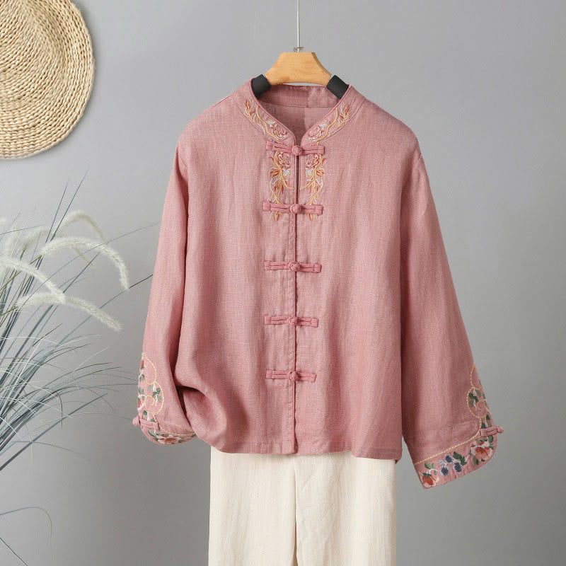 Buddha Stones Lässiges Damen-Baumwollhemd mit Stickerei und langen Ärmeln und Stehkragen - Rosa - US14， UK/AU18，EU46 (2XL) - image 10