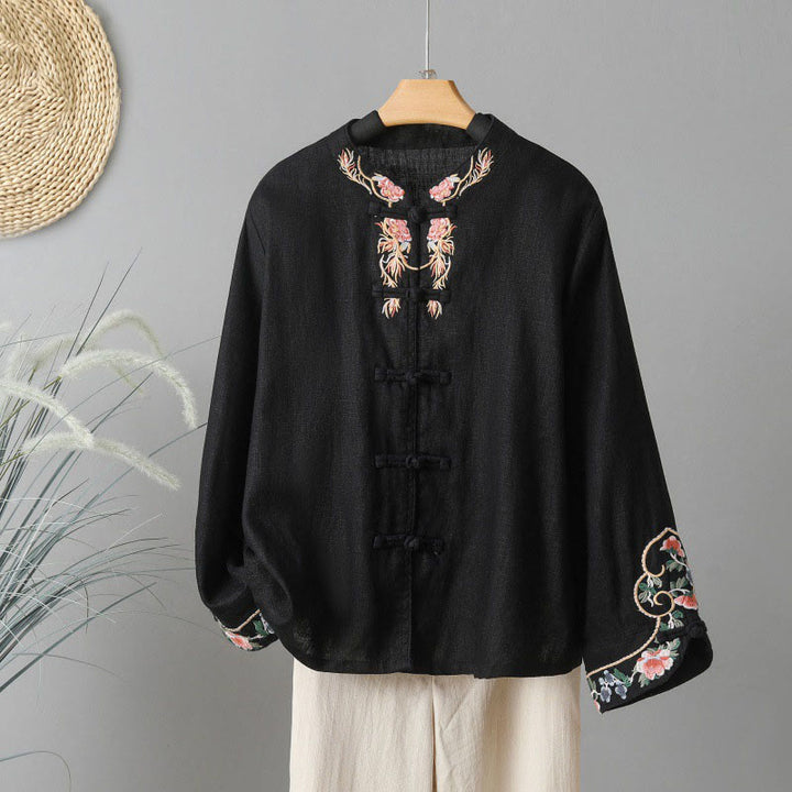 Buddha Stones Lässiges Damen-Baumwollhemd mit Stickerei und langen Ärmeln und Stehkragen - Schwarz - US14， UK/AU18，EU46 (2XL) - image 19