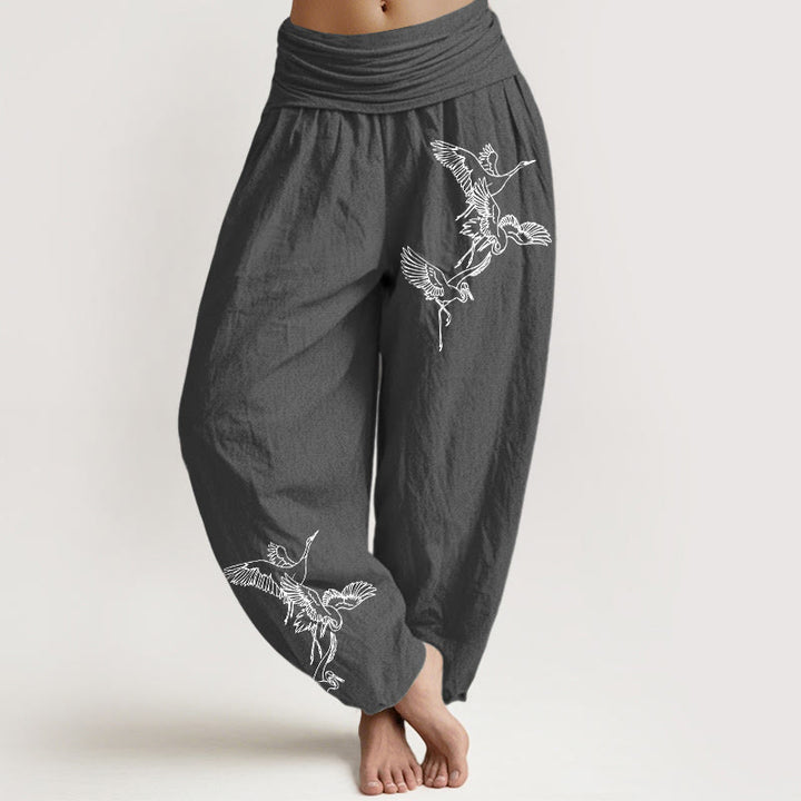 Buddha Stones Flying Crane Pattern Damen Haremshose aus Baumwolle mit elastischer Taille - Dunkelgrau - US22， UK/AU26，EU54 (6XL) - image 0