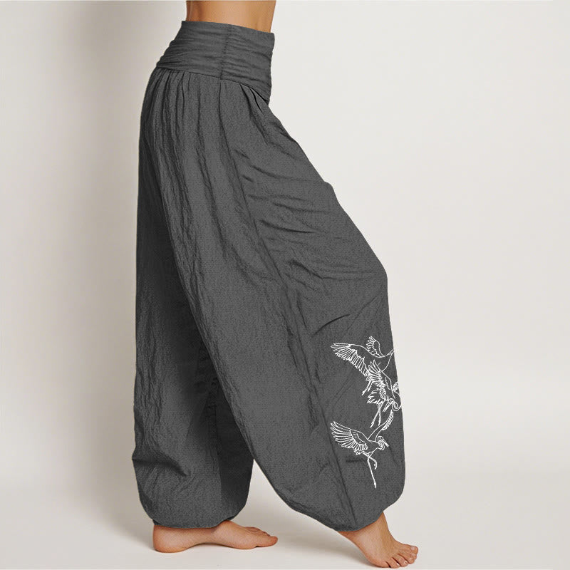 Buddha Stones Flying Crane Pattern Damen Haremshose aus Baumwolle mit elastischer Taille - image 1