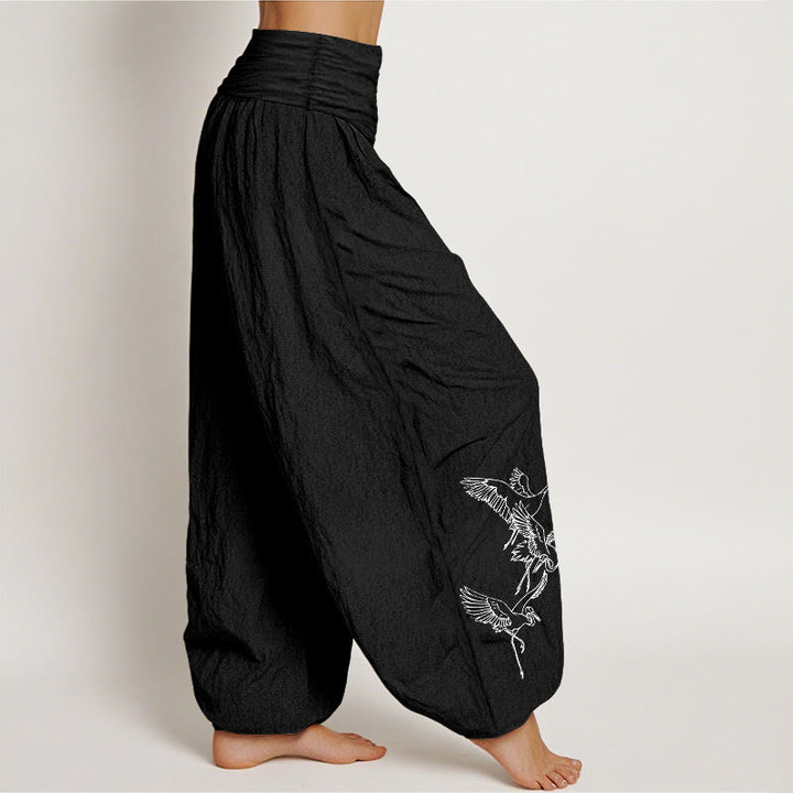 Buddha Stones Flying Crane Pattern Damen Haremshose aus Baumwolle mit elastischer Taille - image 6