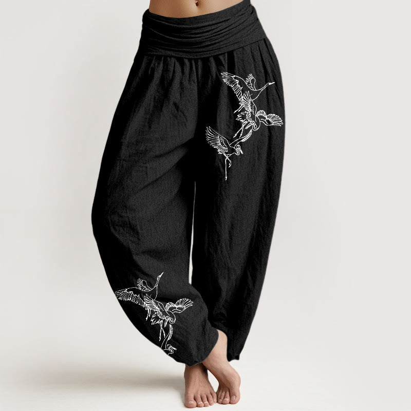 Buddha Stones Flying Crane Pattern Damen Haremshose aus Baumwolle mit elastischer Taille - Schwarz - US22， UK/AU26，EU54 (6XL) - image 5