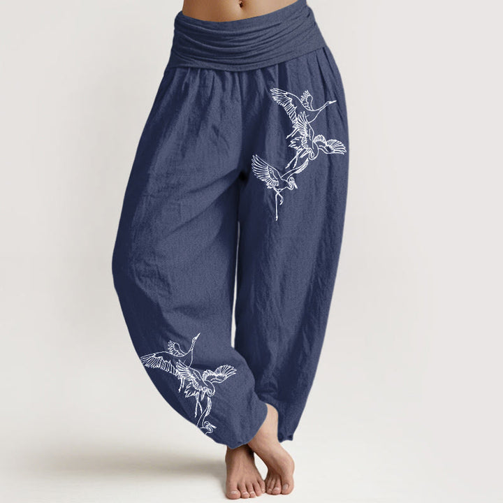 Buddha Stones Flying Crane Pattern Damen Haremshose aus Baumwolle mit elastischer Taille - DunkelSchieferblau - US22， UK/AU26，EU54 (6XL) - image 8