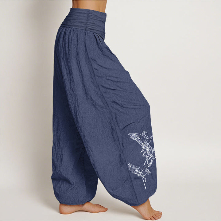 Buddha Stones Flying Crane Pattern Damen Haremshose aus Baumwolle mit elastischer Taille - image 9