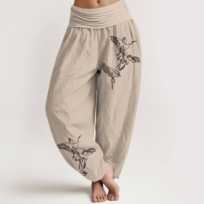 Buddha Stones Flying Crane Pattern Damen Haremshose aus Baumwolle mit elastischer Taille - Bräunen - US22， UK/AU26，EU54 (6XL) - image 11