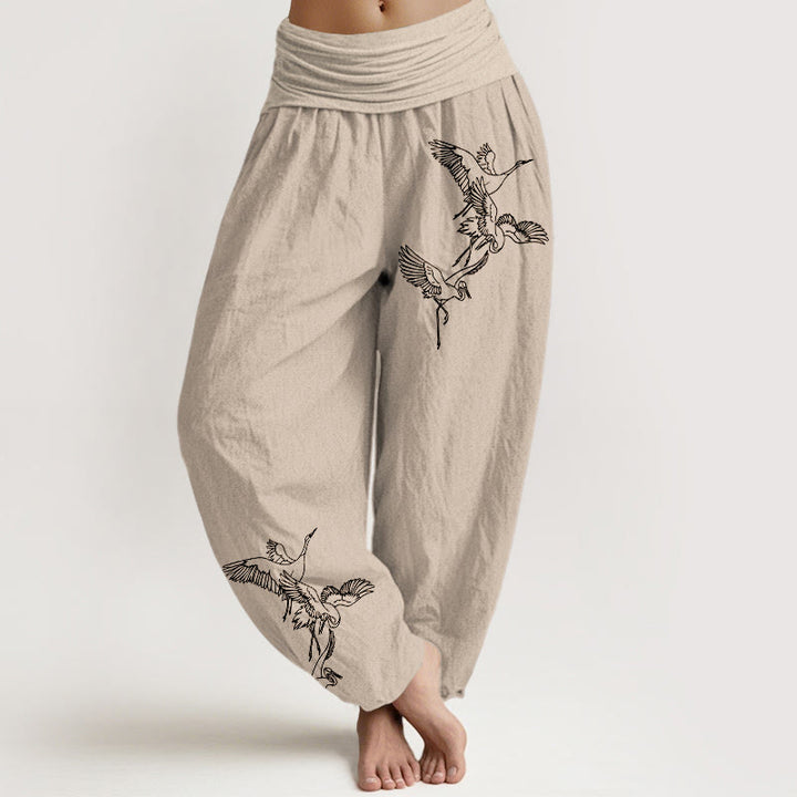Buddha Stones Flying Crane Pattern Damen Haremshose aus Baumwolle mit elastischer Taille - Bräunen - US22， UK/AU26，EU54 (6XL) - image 11