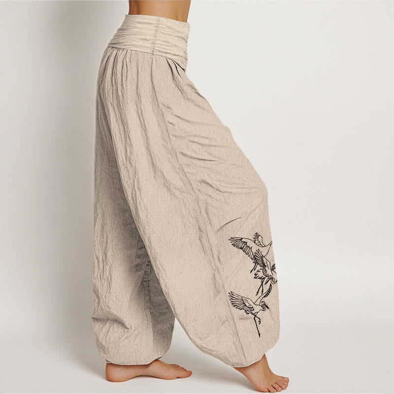 Buddha Stones Flying Crane Pattern Damen Haremshose aus Baumwolle mit elastischer Taille - image 12