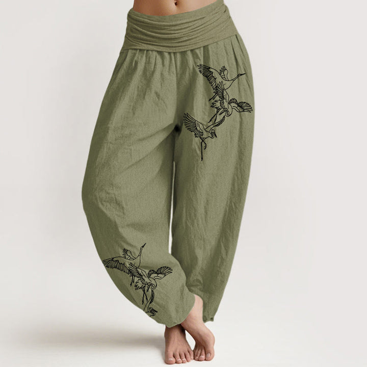 Buddha Stones Flying Crane Pattern Damen Haremshose aus Baumwolle mit elastischer Taille - Olivgrün - US22， UK/AU26，EU54 (6XL) - image 14