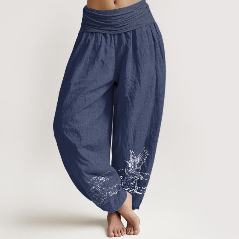 Buddha Stones Kranich Fließendes Wassermuster Damen Haremshose aus Baumwolle mit elastischer Taille - Dunkelschieferblau - US22, UK/AU26, EU54 (6XL) - image 0