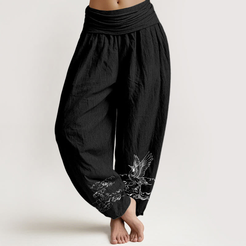 Buddha Stones Kranich Fließendes Wassermuster Damen Haremshose aus Baumwolle mit elastischer Taille - Schwarz - US22， UK/AU26，EU54 (6XL) - image 5