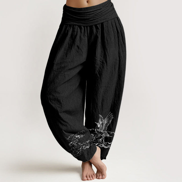 Buddha Stones Kranich Fließendes Wassermuster Damen Haremshose aus Baumwolle mit elastischer Taille - Schwarz - US22, UK/AU26, EU54 (6XL) - image 5
