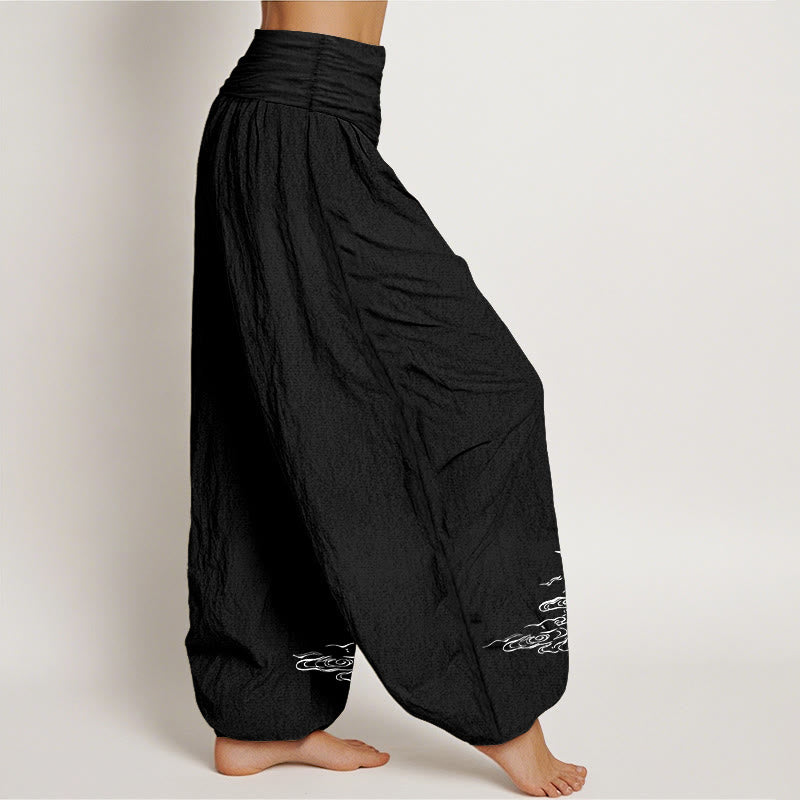 Buddha Stones Kranich Fließendes Wassermuster Damen Haremshose aus Baumwolle mit elastischer Taille - image 6