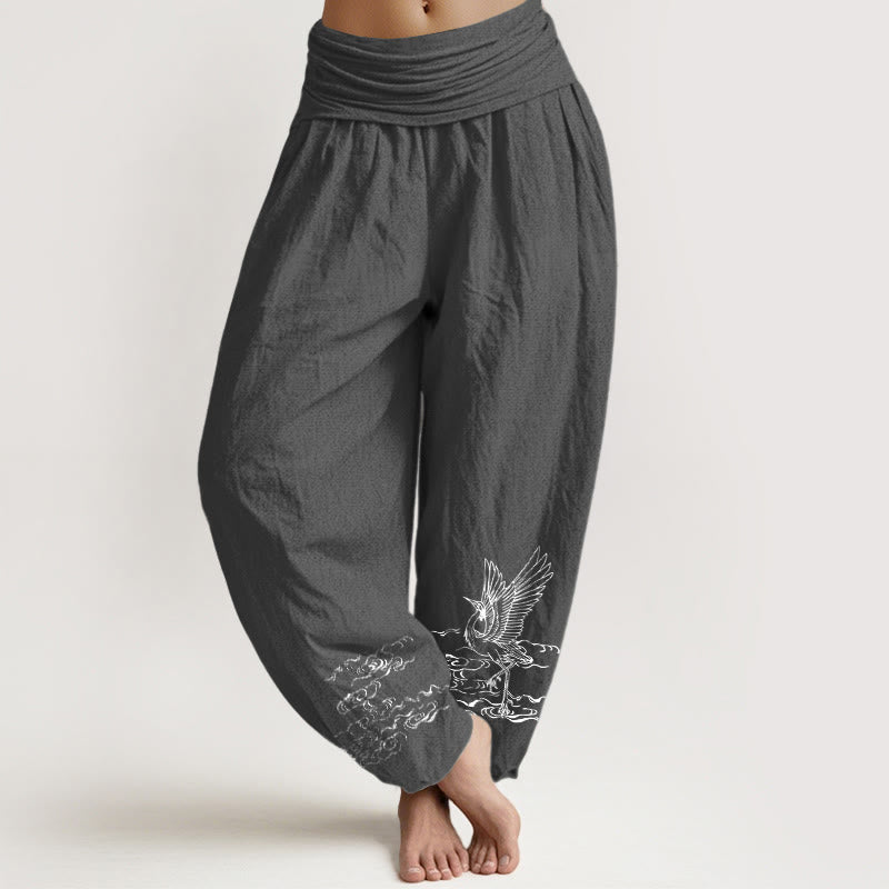 Buddha Stones Kranich Fließendes Wassermuster Damen Haremshose aus Baumwolle mit elastischer Taille - Dunkelgrau - US22， UK/AU26，EU54 (6XL) - image 8