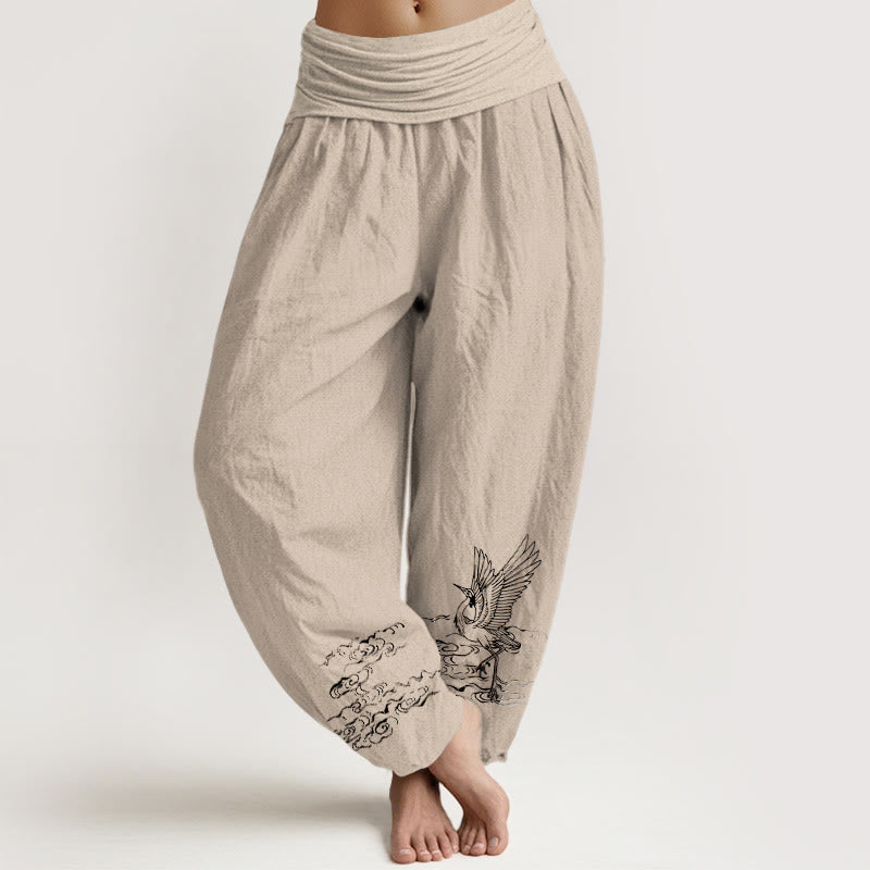 Buddha Stones Kranich Fließendes Wassermuster Damen Haremshose aus Baumwolle mit elastischer Taille - Bräunen - US22， UK/AU26，EU54 (6XL) - image 11
