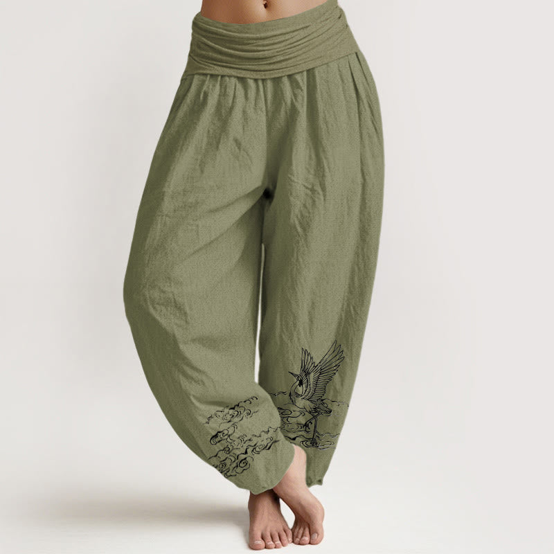 Buddha Stones Kranich Fließendes Wassermuster Damen Haremshose aus Baumwolle mit elastischer Taille - Olivgrün - US22， UK/AU26，EU54 (6XL) - image 14