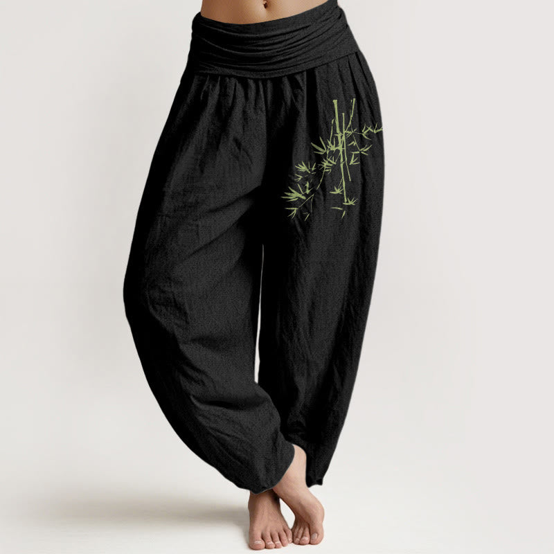 Buddha Stones, Bambusstämme, Blätter-Muster, Damen-Haremshose aus Baumwolle mit elastischer Taille - Schwarz - US22， UK/AU26，EU54 (6XL) - image 0