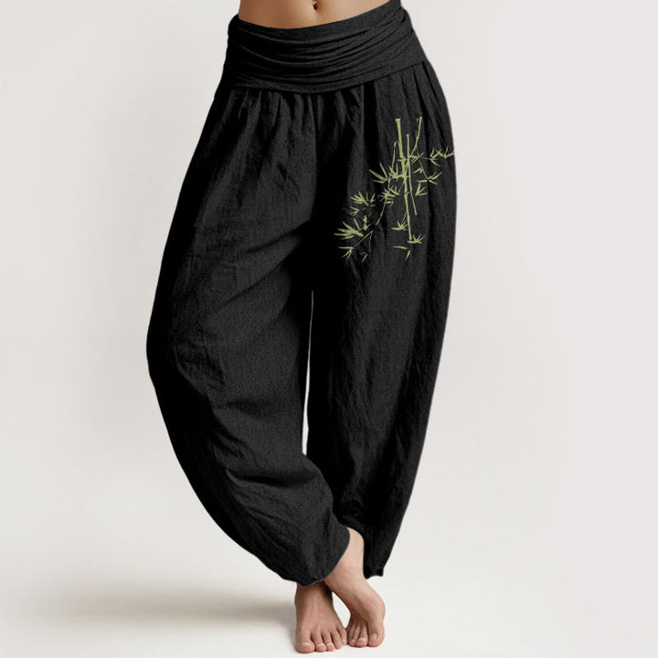 Buddha Stones, Bambusstämme, Blätter-Muster, Damen-Haremshose aus Baumwolle mit elastischer Taille - Schwarz - US22， UK/AU26，EU54 (6XL) - image 0