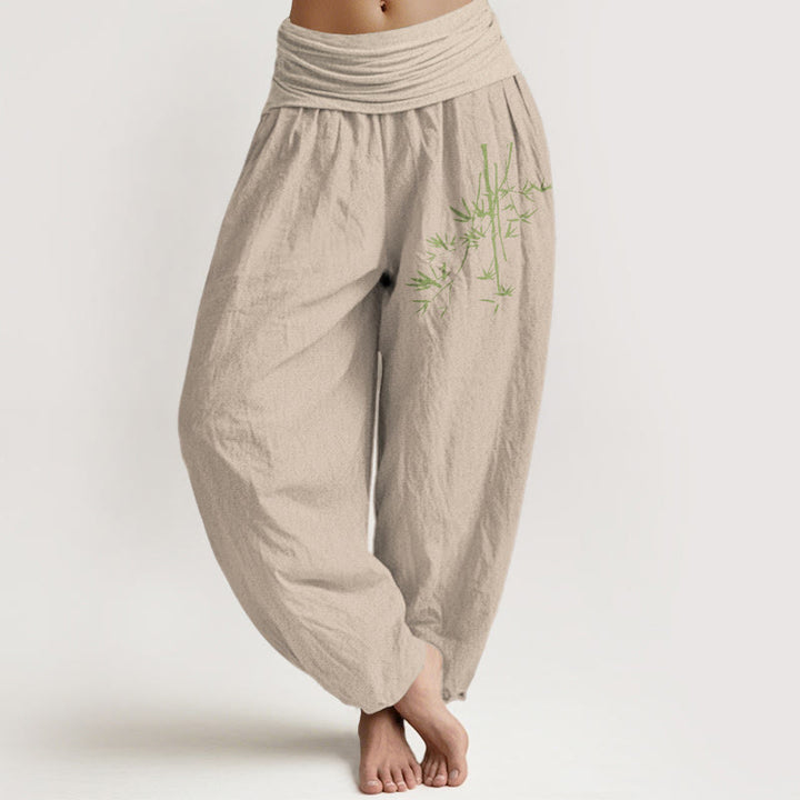 Buddha Stones, Bambusstämme, Blätter-Muster, Damen-Haremshose aus Baumwolle mit elastischer Taille - Bräunen - US22， UK/AU26，EU54 (6XL) - image 11